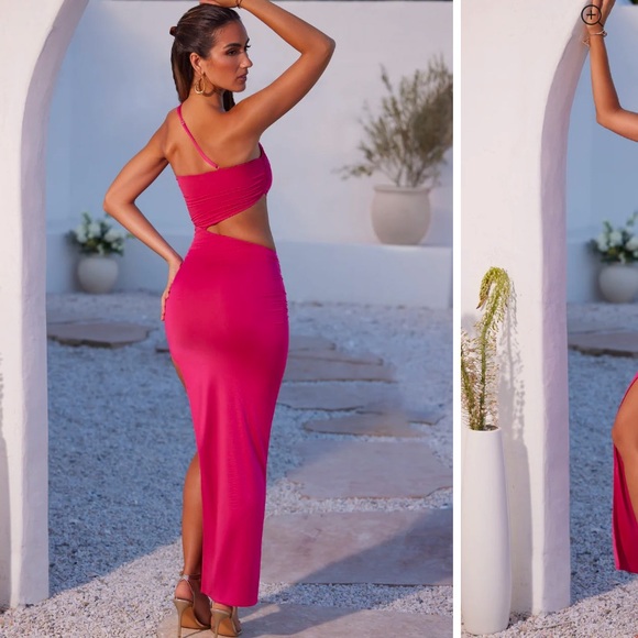 Oh Polly Asymmetric Neckline Ruched Cut Out Maxi Dress - Picture 2 of 2